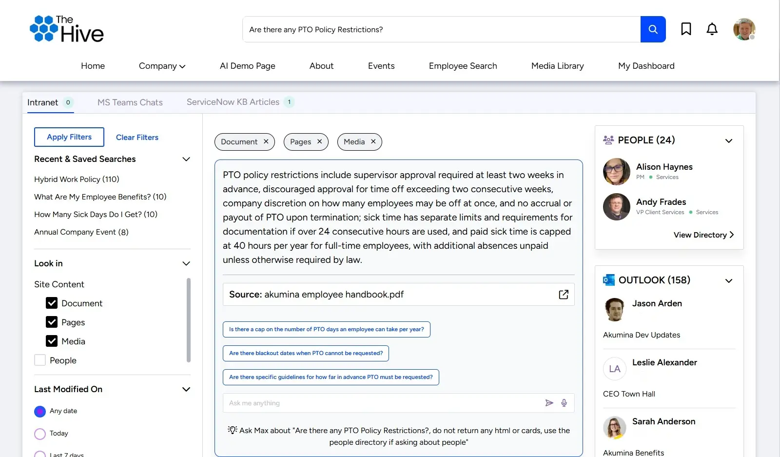 Akumina’s AI-powered search returning results for a natural language query with an AI-generated summary and source material citation